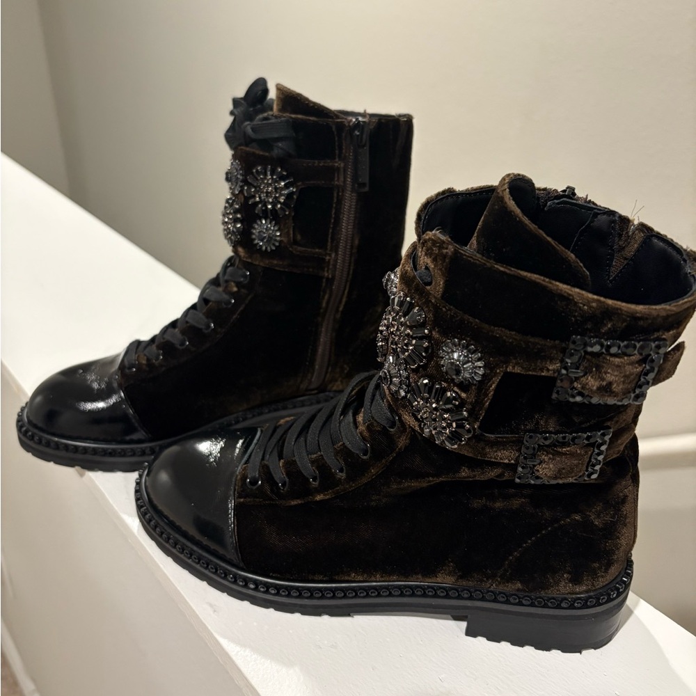 Kurt Geiger London Embellished Combat Boots Velvet Leather Buckle - Picture 8 of 8